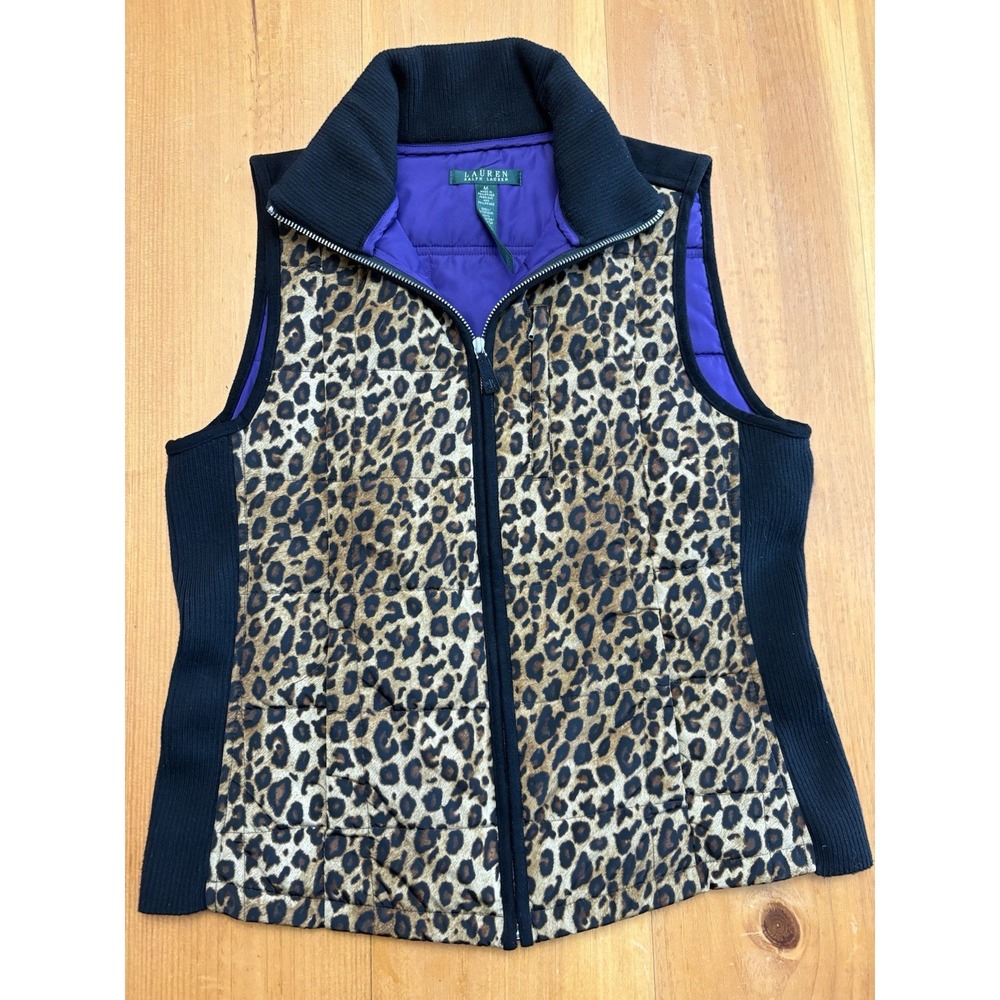 Lauren Ralph Lauren Quilted Vest Womens Medium Leopard Print Puffer Full Zip